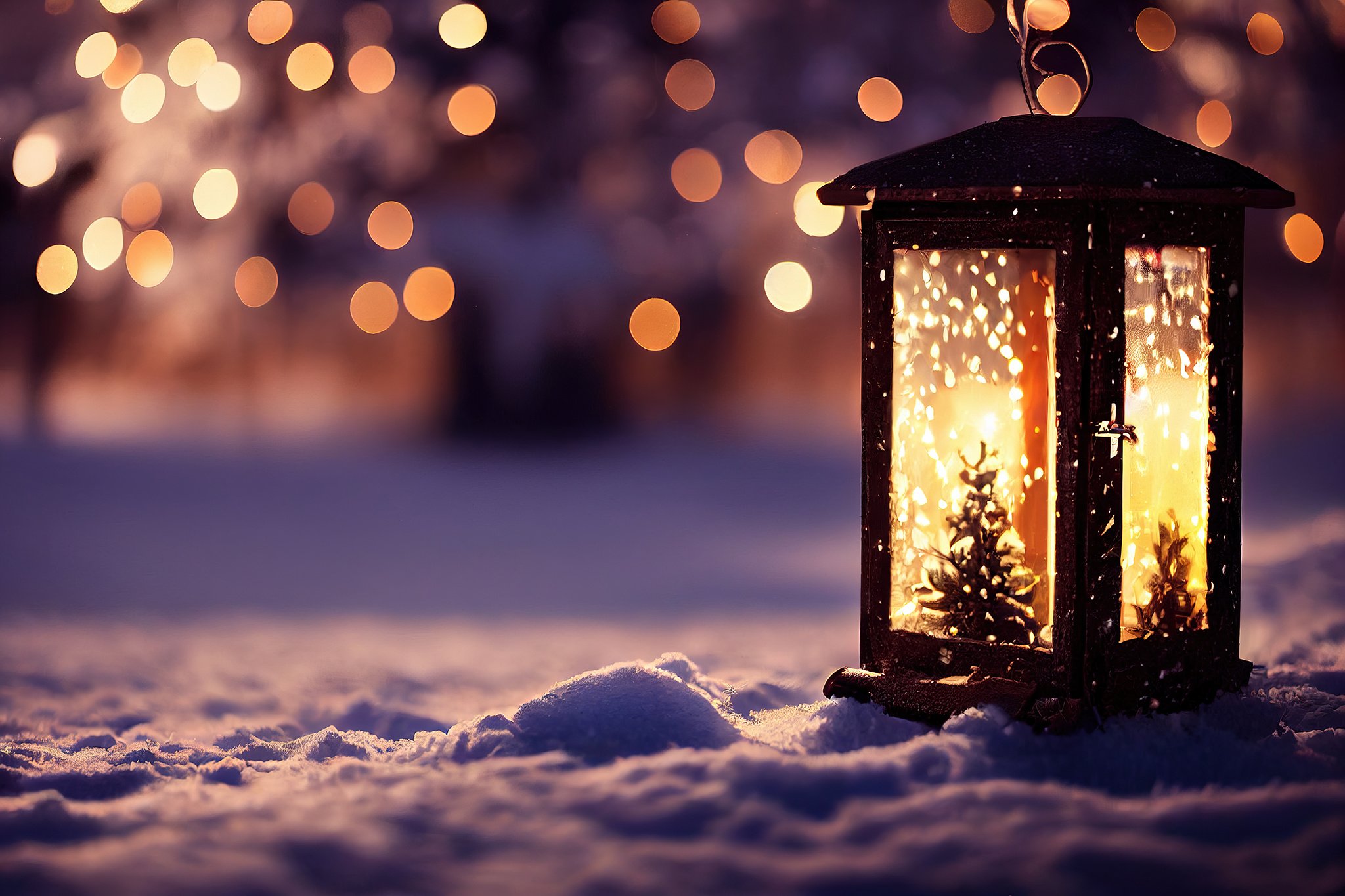 christmas-lantern-with-fir-branch-decoration-snowy-table-defocused-background-generative-ai 2